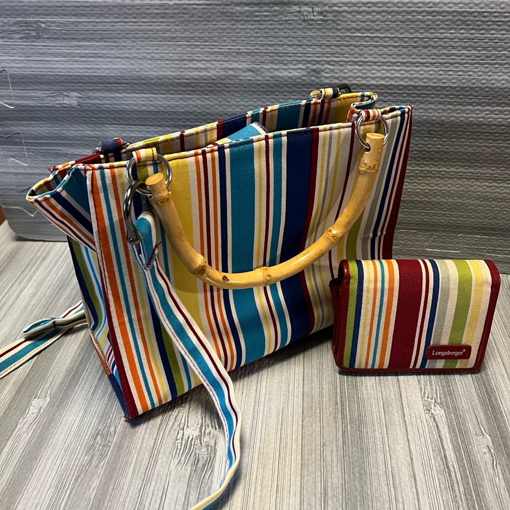 Longaberger Striped Bamboo Ring Handle Canvas Handbag Tote Purse.